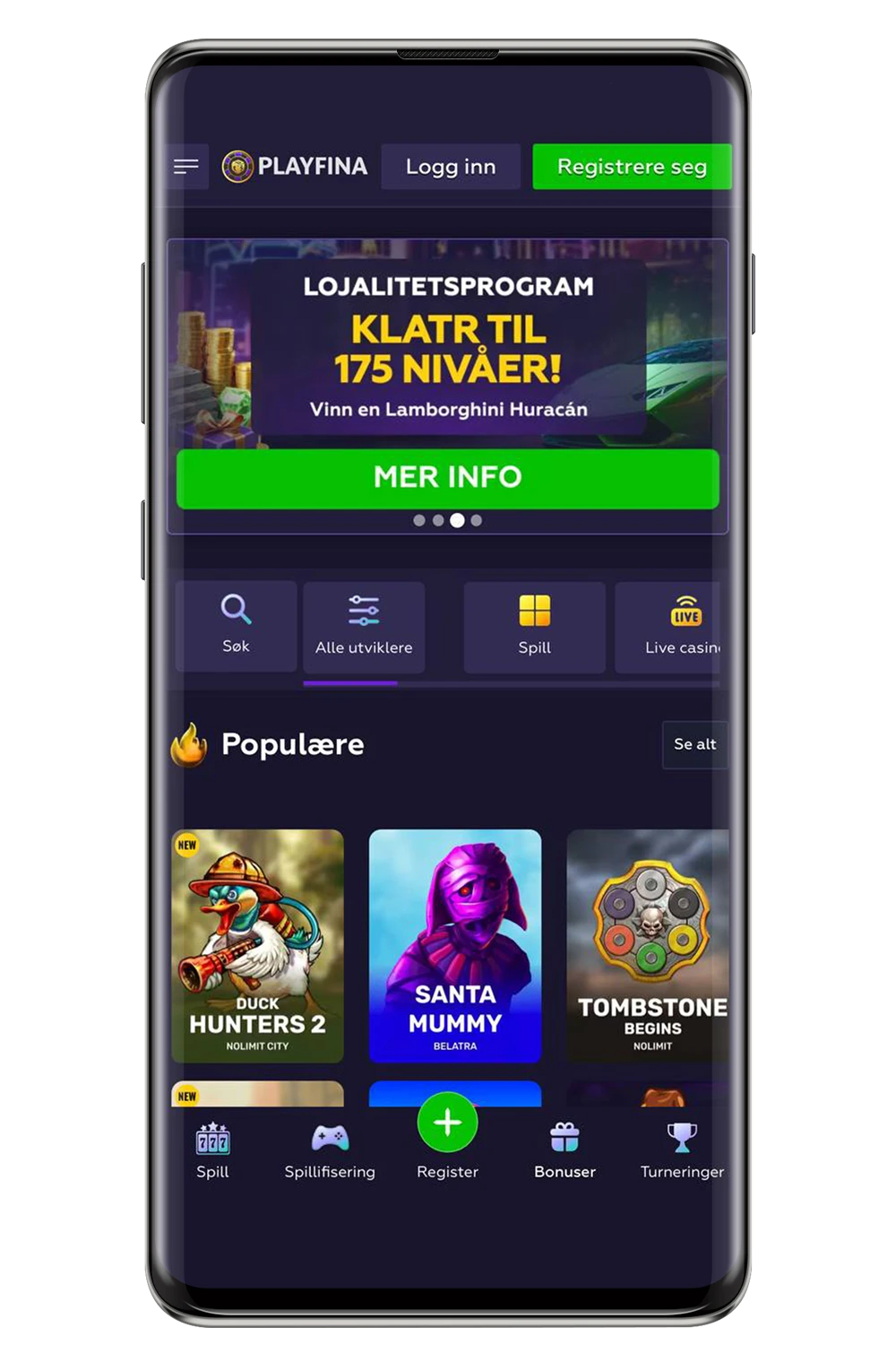 Skjermbilder av Playfina Casinos mobilapp