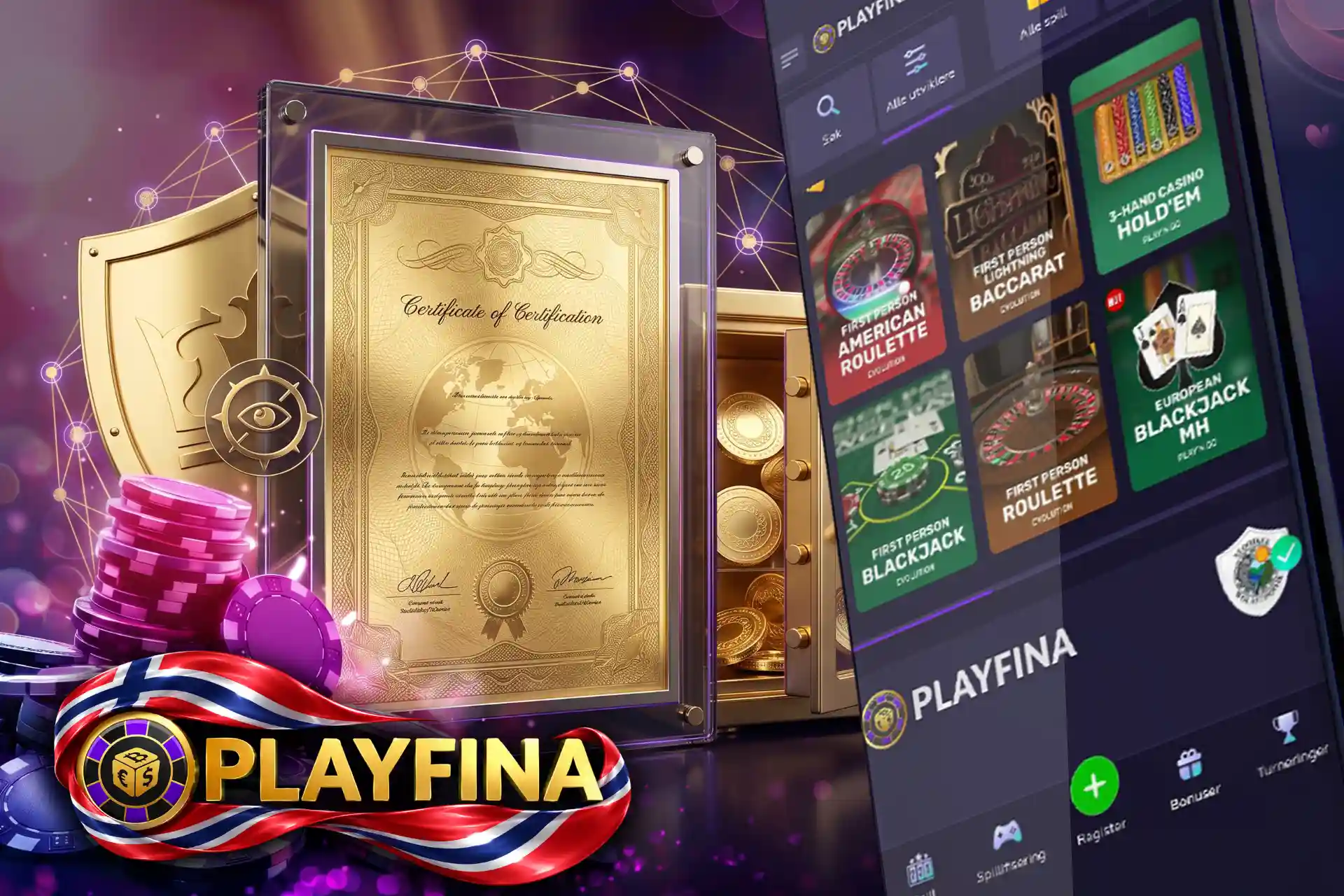 Trygg lisensiering og pålitelig sikkerhet hos Playfina, vist på en mobilskjerm ved et innrammet gullsertifikat og et åpent hvelv med mynter.