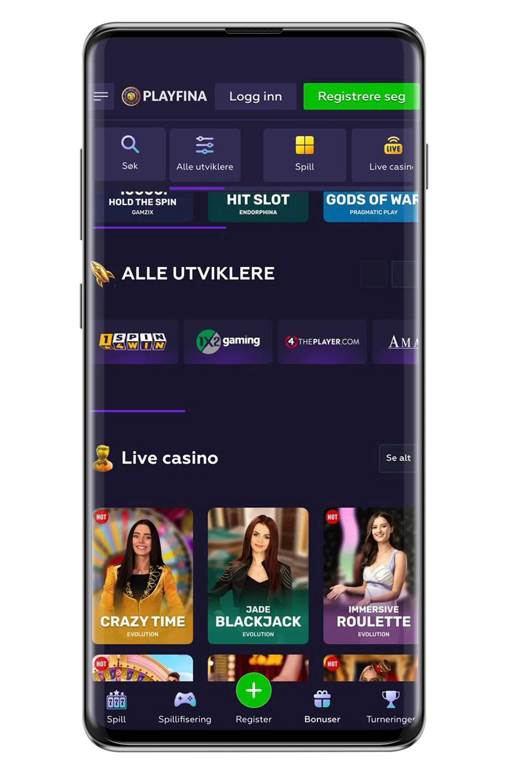 Skjermbilder av Playfina Casinos mobilapp